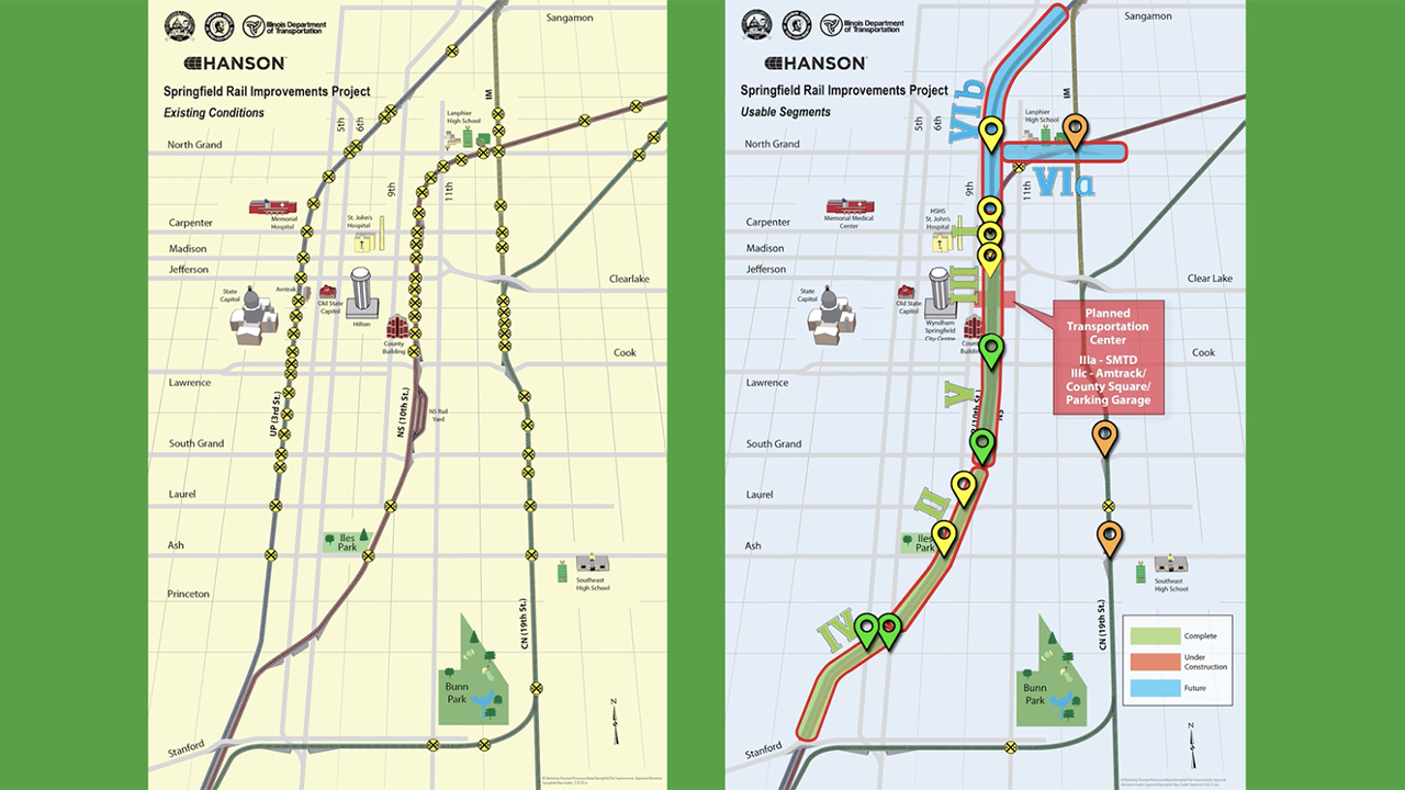 Springfield Rail Improvements Project (current map, left; future rail corridor map, right). (Courtesy of Hanson Professional Services)